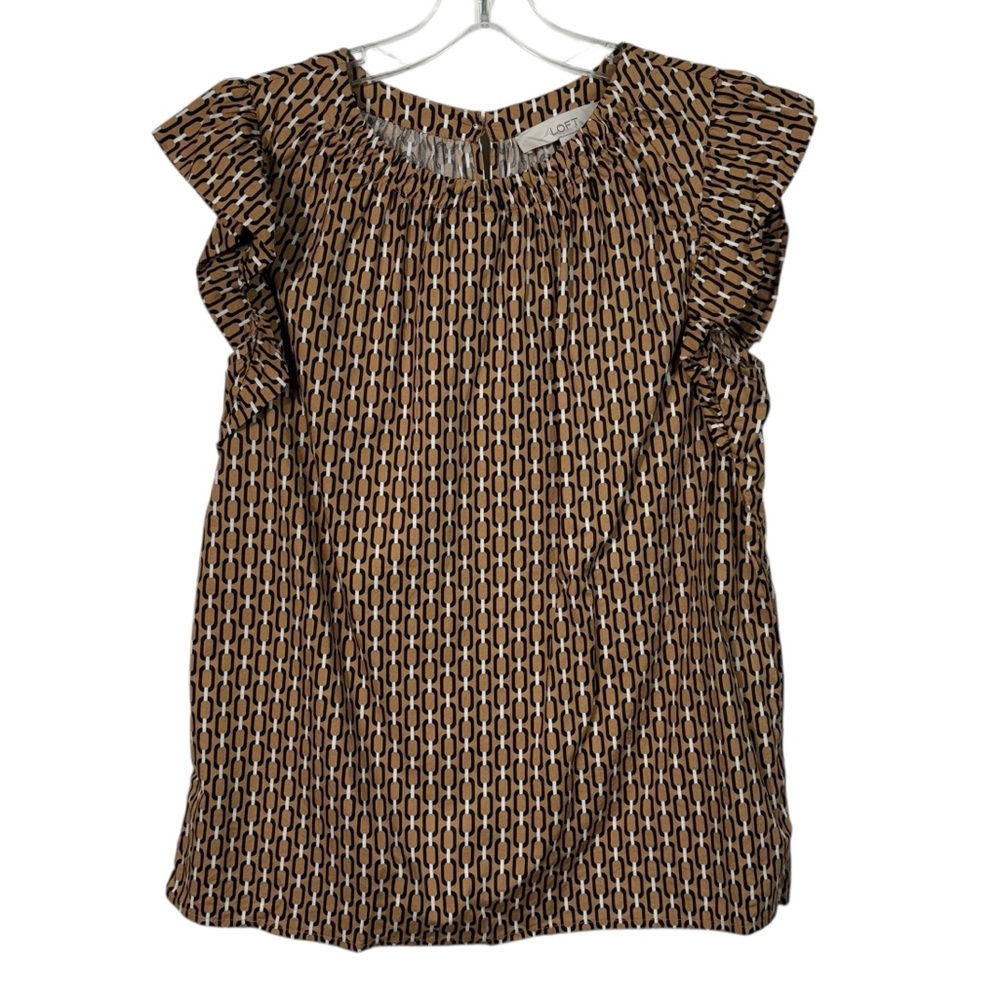 Loft Brown Navy Blue Chain Link Print Ruffle Sleeve High Neckline Blouse Small S